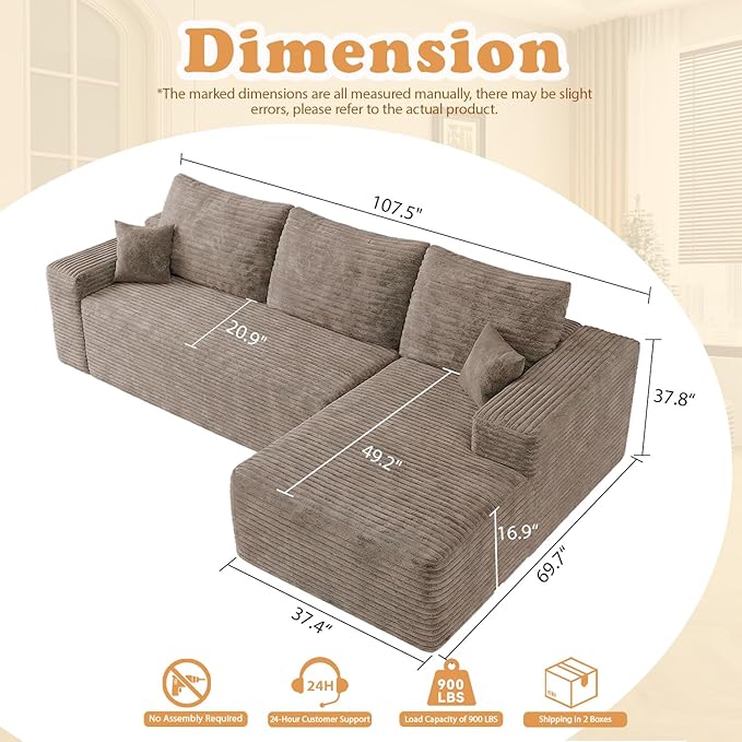 108 W Corduroy Sectional Boneless Cloud Couch with Chaise No Assembly Required L Shaped Modular Sectional Sofa Oversized Cozy Fluffy Sofa for Living Room (Camel Right Facing Chaise) | Compression