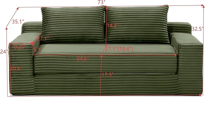73 Convertible Sofa Bed 2 in 1 Corduroy Folding Couch with Pillows No Assembly Boneless Compression Sofa in Box Loveseat with Side Storage Pocket for Apartment Living Room Green