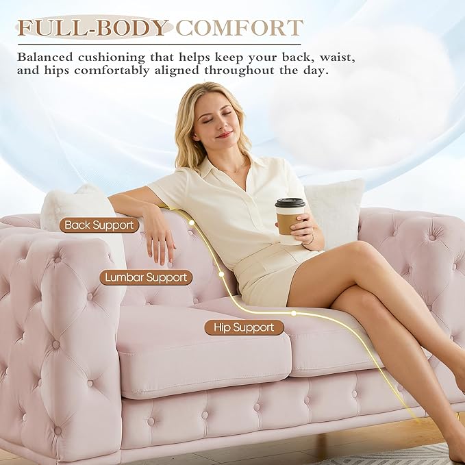 61.25 Velvet Chesterfield Sofa Mid-Century Modern Love Seat Button Tufted Couch with Curved Arms Gold Metal Legs Deep Seat Small Space Comfortable Living Room Bedroom Furniture (Pink 2 Seater)