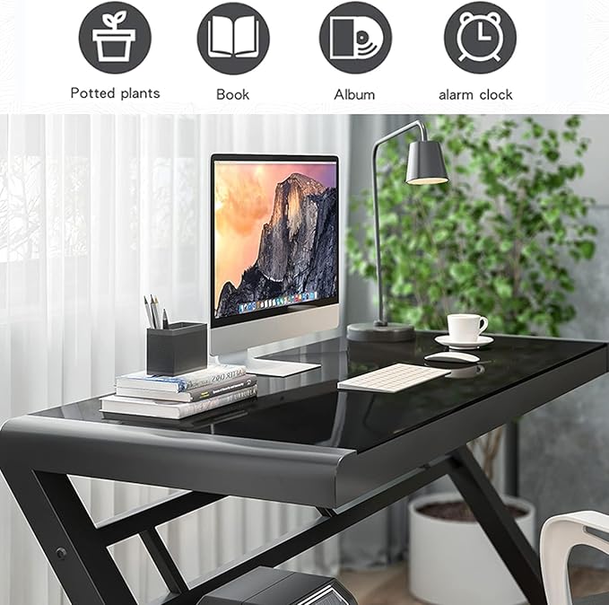 BINGTOO Glass Top Computer Desk with Metal Frame - Modern Simple Workstation for Home Office Gaming Writing Study &amp Work Black