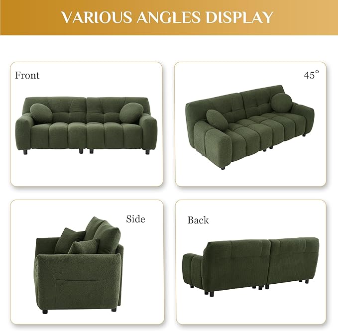 Modern Boucle Sofa Couch Comfy Deep Seat Teddy Cloud Couch 72.8 Upholstered Cozy Sherpa 2 Seater Couches with Pillows Oversized Loveseat Sofa for Living Room Apartment Emerald Green