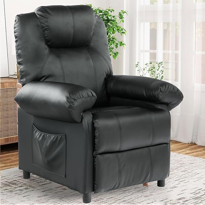 KCREAM Pushback Recliner Chair with Massage and Heat Overstuffed Manual Reclining Chair Single Sofa for Living Room Push Back Small Leather Recliner Black