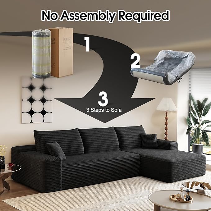 107.5 L-Shaped Sectional Modern Boneless Corduroy Couch with Chaise-No Assembly Required! Deep-Seat Upholstered Modular Cloud Sofa for Living Room Plush Corduroy Fabric (BlackRight Facing Chaise)