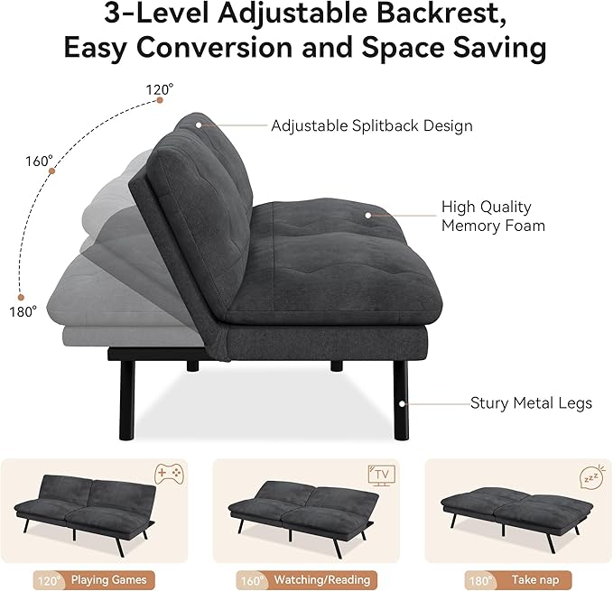 Futon Sofa Bed Convertible Couch Black Linen Sofa Bed with Adjustable Backrest Multifunctional Small Loveseat Sleeper Sofa for Living Room Apartment Office