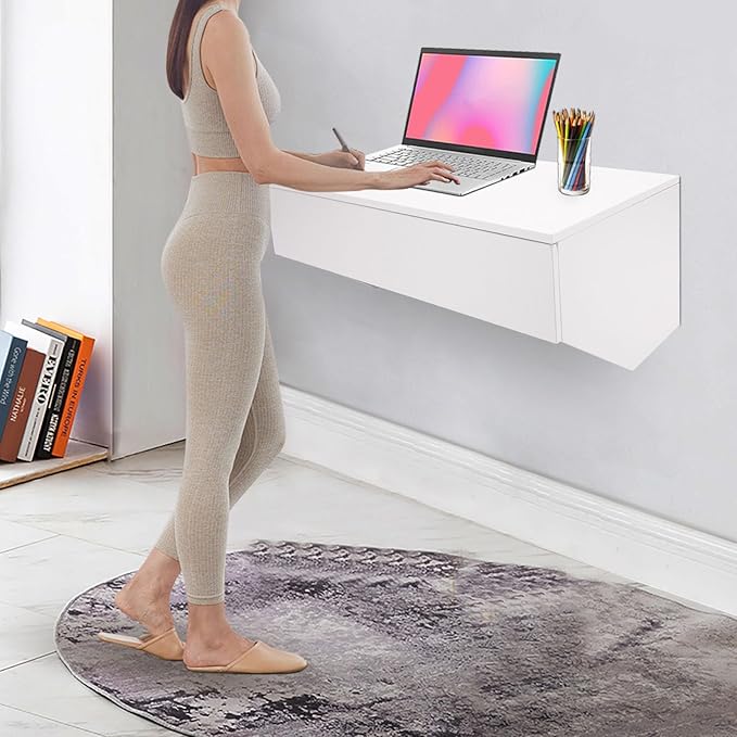 28 Inch Wall Mounted Computer Desk Wall Mounted Desk with Pull Out Drawer Floating Shelf with Drawer Modern Floating Table Floating Wall Organizer White for Home Office