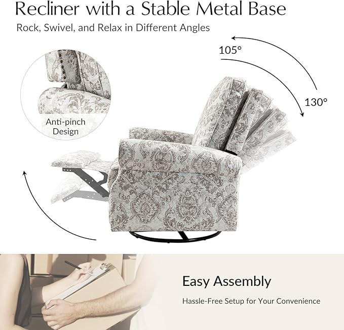 HULALA Home Modern Rocker Recliner Printed Fabric Swivel Glider with Adjustable Backrest &amp Footrest Beige