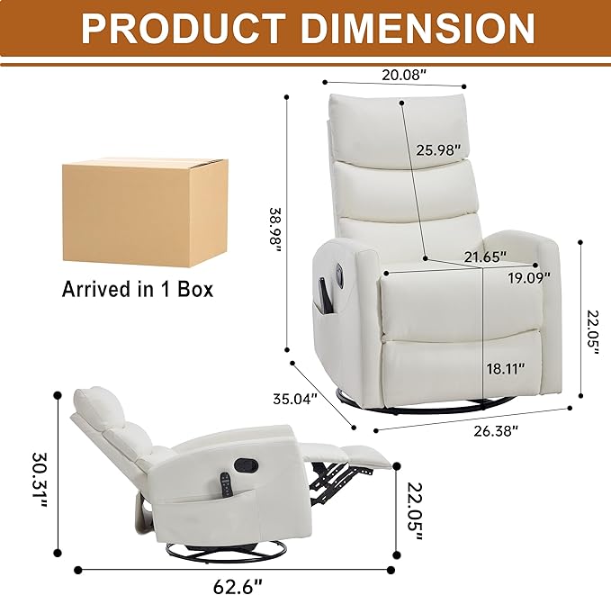 Manual Swivel Rocker Recliner Chair for Adults Overstuffed Glider Recliner for Nursing with Vibration Massage &amp Heat Living Room Rocking Recliner 3-Stage backrest Faux Leather White