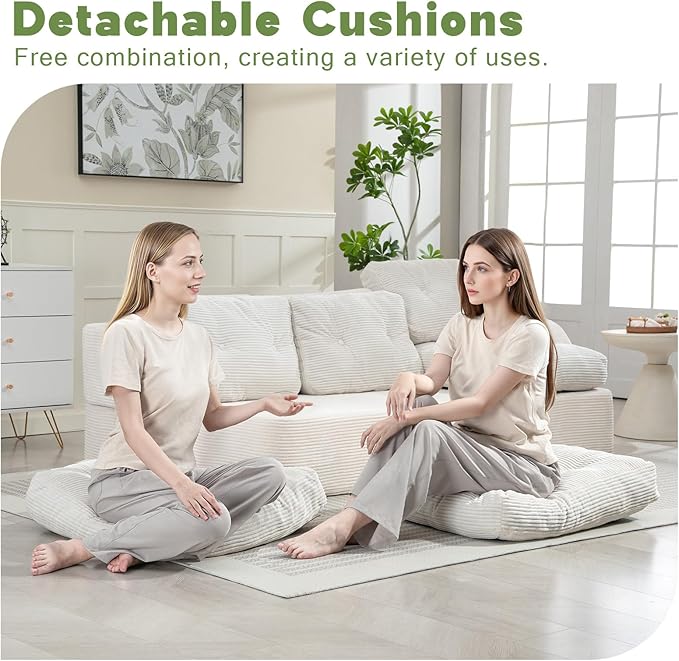 MeMoreCool Cloud Couch Boneless 3-Seater Sofa Bed – Beige Corduroy Convertible Floor Couch with Tufted Cushion No Assembly Foldable Sleeper for Living Room Apartment and Small Spaces