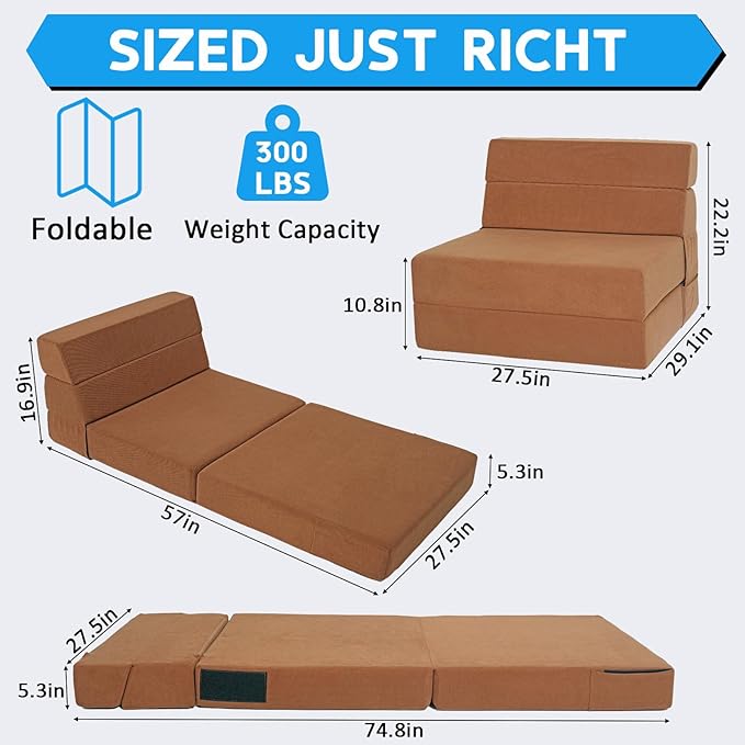 Folding Sofa Bed 4 in 1 Convertible Sleeper Chair with Washable Cover Memory Foam Fold Out Chair Bed Foldable Mattress with Back Support for Living Room Dorm Guest Room Home Office Coffee Brown