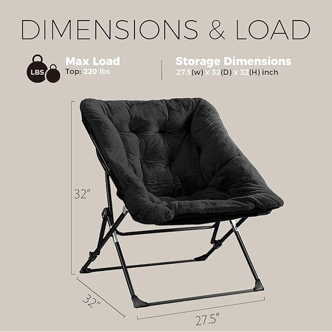 Walsham Folding Comfy Chair Faux Fur Soft Cozy Lounge Reading Papasan Chair for Adults Kids Bedroom Living Room Dorms Small Space Black