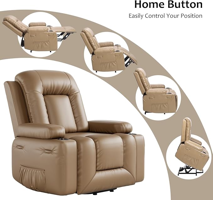 PU Leather Power Lift Recliner Chair Faux Leather Recliner Chair Sofa with Massage and Heat Remote Control Electric Stand Assist for Elderly and People Limited MobilityTan