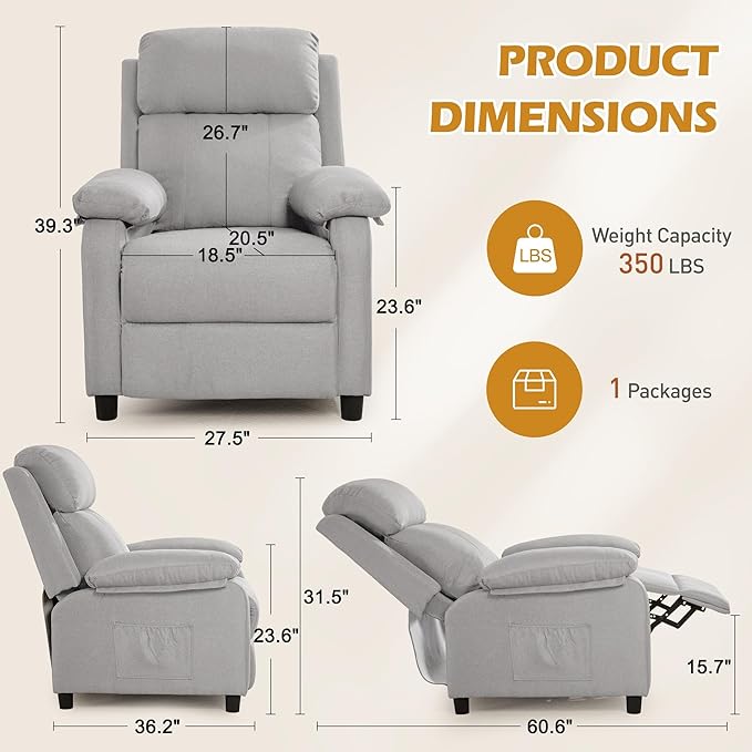 Recliner Chair Living Room Chairs for Adults Padded Deep Seat Reading Chair with Side Pockets Small Recliners for Small Spaces Lounge Chair for Living Room Bedroom and RV (Linen)