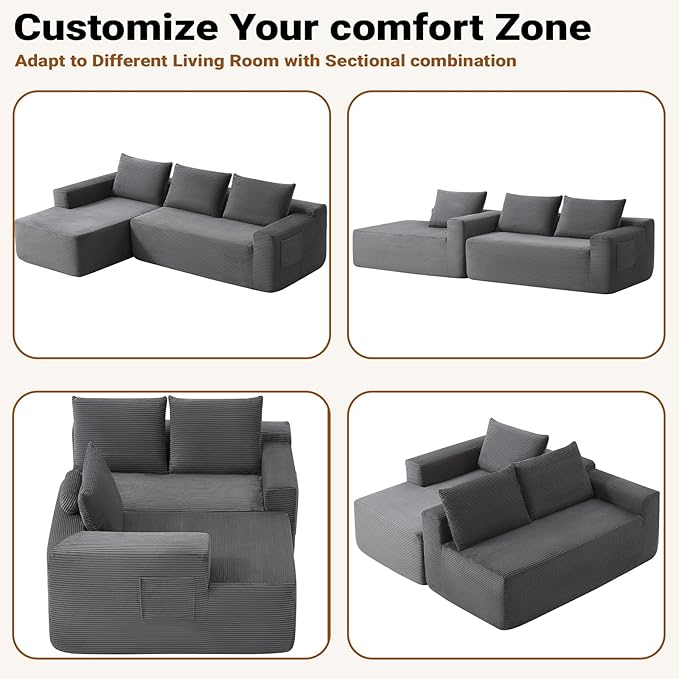 97 Cloud Sectional Couch Modern Boneless Couch with L-Shape Chaise Deep Seat Modular Sectional Sofa Corduroy Corner Foam Couches for Living RoomNo Assembly Required(Gray Right Chaise)