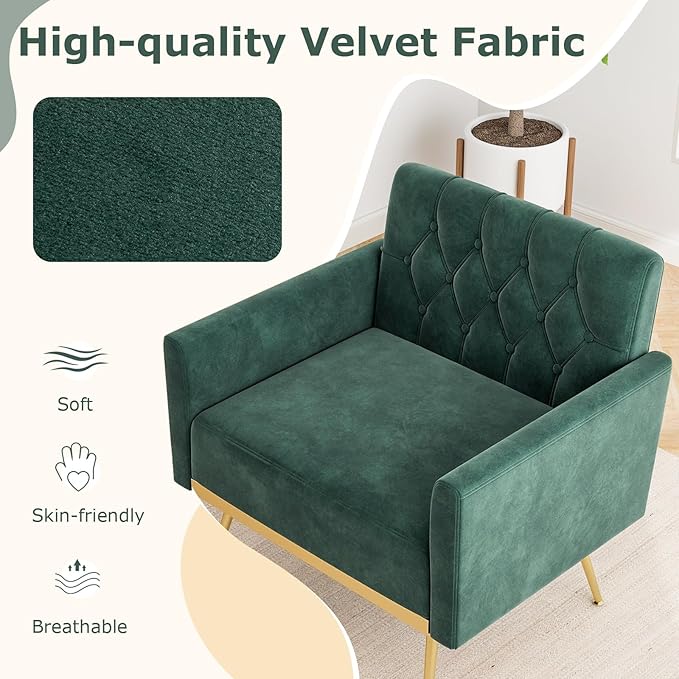 Giantex Modern Velvet Accent Chair - Mid-Century Upholstered Single Sofa Chair w/Button Tufted Back Golden Metal Legs Adjustable Foot Pads Comfy Living Room Armchair for Bedroom Dark Green