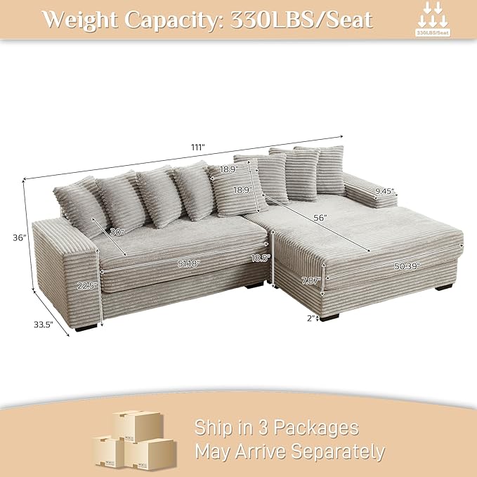 Modular Sectional Sofa with Oversized Chaise 111 L Shaped Sectional Couches Solid Wood Frame Corduroy Sofas for Living Room - Grey Right Facing Chaise