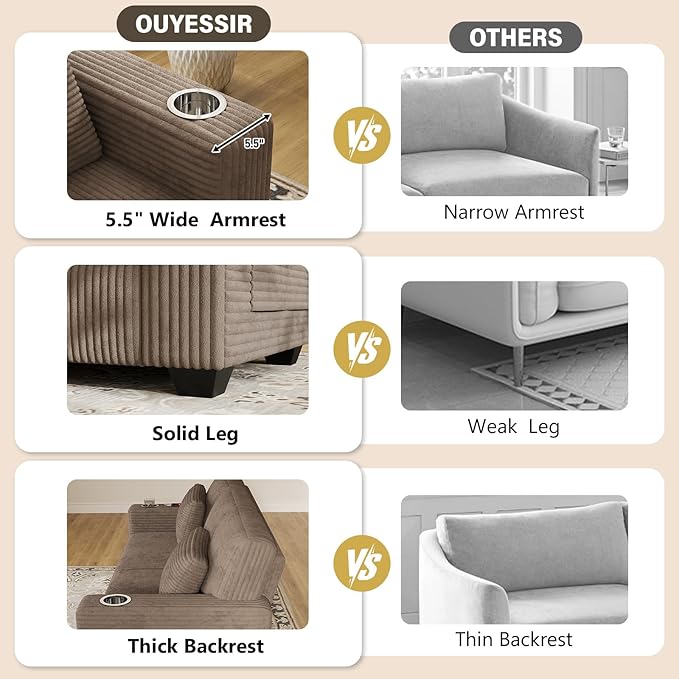 OUYESSIR 80 Loveseat Sofa for Living RoomModern Sofa with USB Charging Ports &amp Cup HoldersComfy Corduroy Couch with Upholstered Cushion3 Seater Deep Seat Couch for Small SpaceBedroom Light Br