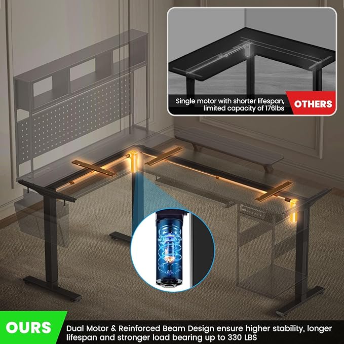 Flycity Electric L Shaped Standing Desk Adjustable Height 67 x 47 Corner Computer Desk with Host Shelf Gaming Desk with LED Lights &amp Power Outlet Dual Motor Home Office Desk with Storage Bla
