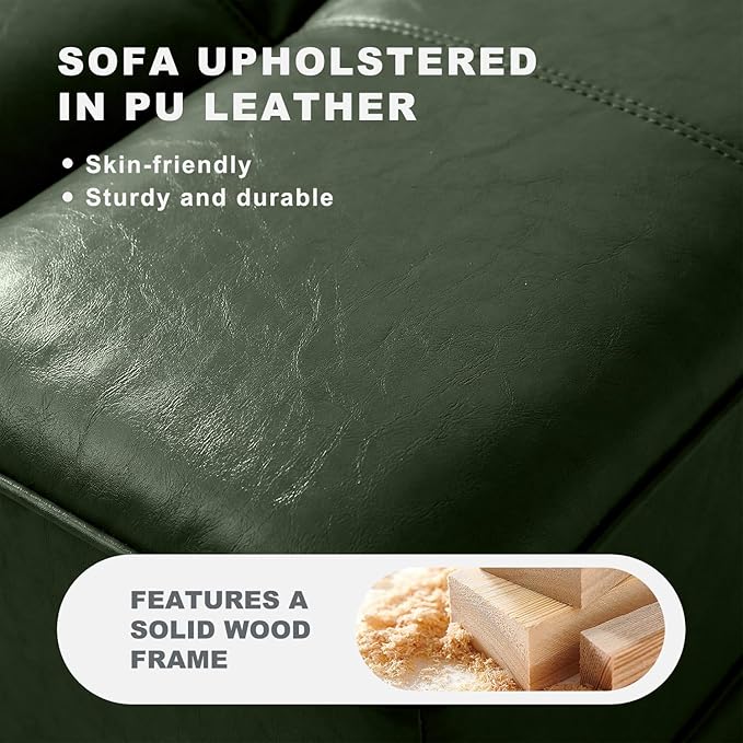 55 Faux Leather Upholstered Sofa Entryway Ottoman Modern End of Bed Bench with Side Table 360-degree Swivel Tray Couch Window Bench with Metal Legs for Bedroom Living Room (Green)