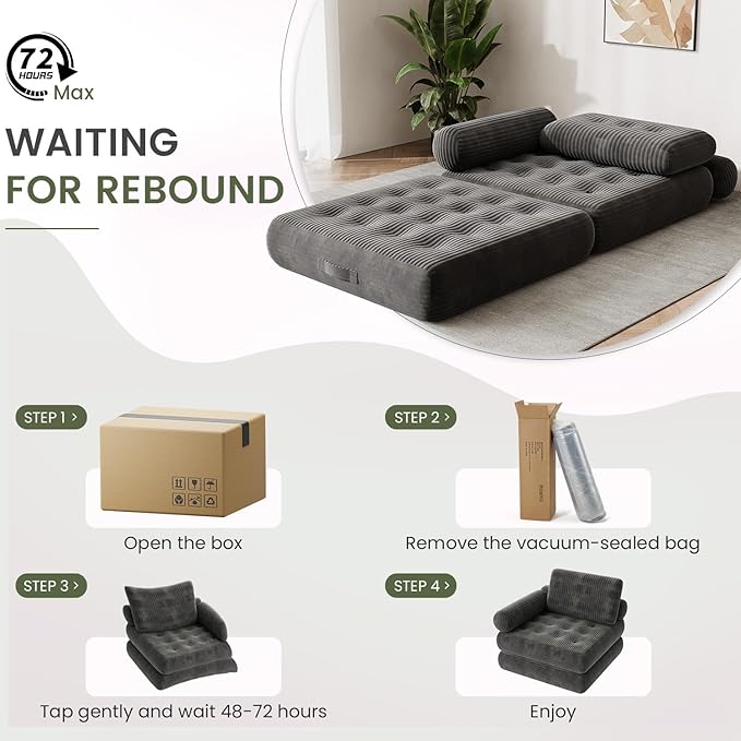 35 Folding Sofa Bed 5-in-1 Convertible Sleeper Chair Floor Mattress with Removable Armrest Boneless Couch in a Box Fold Out Futon Lounge Chair Bed for Dorm Bedroom Small Space - Grey Single
