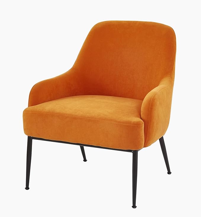 Modern Velvet Armchair with Channel Back Design Black Metal Legs and Soft Upholstery Comfortable Seating for Living Room Bedroom or Office Red Orange