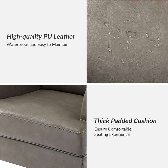HULALA HOME Modern Faux Leather Accent Chair Comfy Upholstered Sofa Chair with Nailhead Trim Living Room Bedroom Armchair with Wood Legs Grey