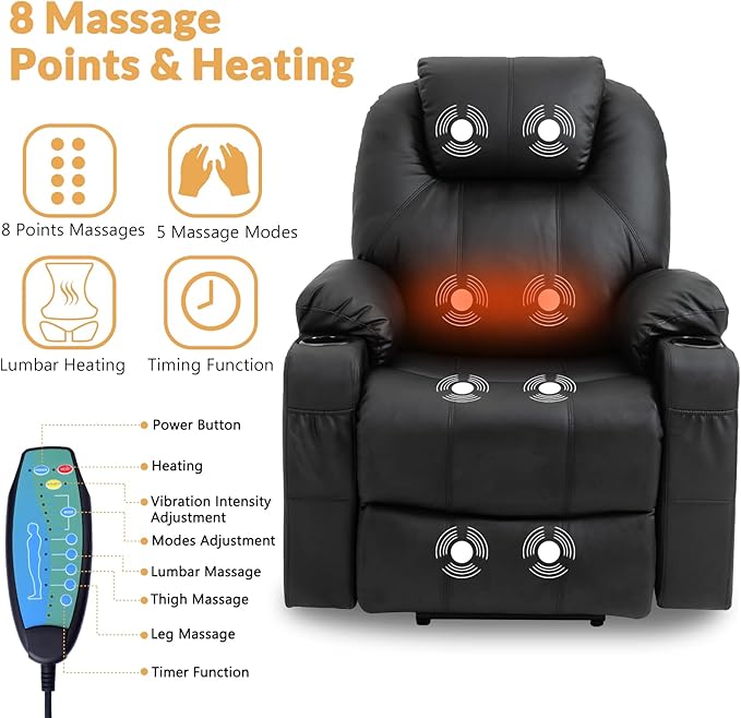 Electric Power Lift Recliner Chair with Heat and Massage Lift Recliner for Elderly Single Sofa recliners for Living Room with Cup Holders 4 Pockets USB Ports Faux Leather (Black)