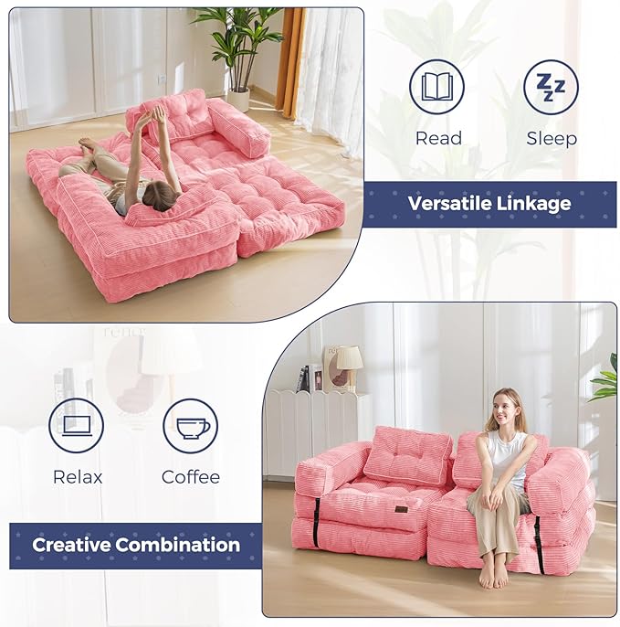 MAXYOYO Folding Sofa Bed L-Shaped Convertible Sofa with Armrest Foldable Sleeper with Pillow Portable Fold Out Chair Bed Comfy Floor Lounge for Living Room Bedroom Pink