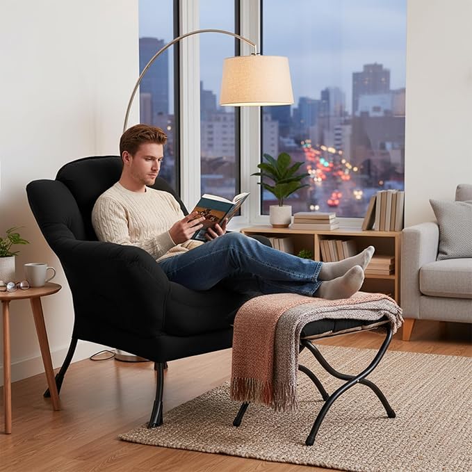 Welnow Lazy Chair with Ottoman Modern Accent Chair with Armrests and a Side Pocket Leisure Sofa Armchair Set Reading Armchair with Footrest for Small Space Black