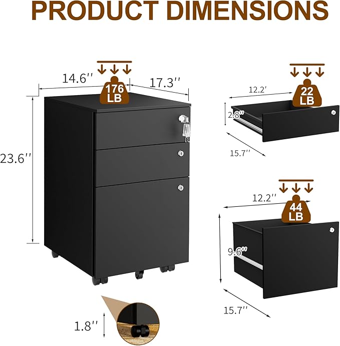 3 Drawers File Cabinet with 3 Lock Mobile Metal Filing Cabinet Fully Assembled Except Casters for Home Office for A4 Letter Legal File Folders Black