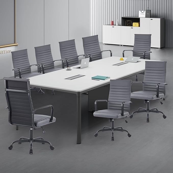 Office Chair Ergonomic Executive Conference Room Chairs Ribbed Leather Desk Chair with Lumbar Support Adjustable Height Mid-Back Swivel Chair with Padded Seat
