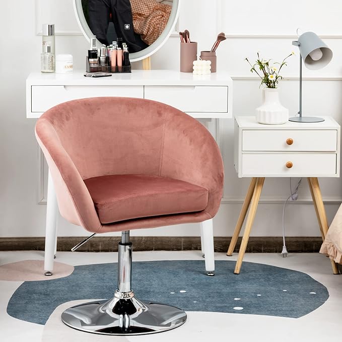 COSTWAY Vanity Chair Height Adjustable Modern Velvet Makeup Chair with Chrome Frame Round-Back Comfortable Swivel Accent Leisure Chair for Living Room Bedroom (Pink)