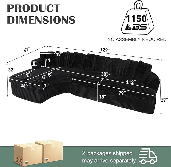 129'' Cloud Sectional Couches for Living Room Oversized L Shaped Couch Curved Boneless Sofa Corduroy Upholstered Corner Sofa Black