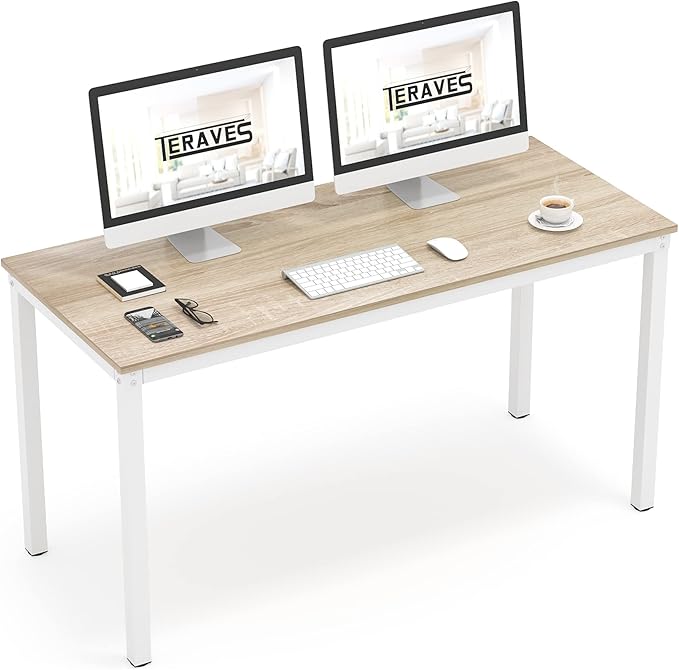 Teraves Computer Desk/Dining Table Office Desk Sturdy Writing Workstation for Home Office (47.24” Beige + White Frame)