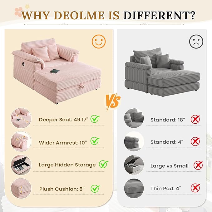 Oversized Chaise Lounge Chair with Storage Ottoman &amp USB Ports Fluffy Corduroy Cloud Couch Sleeper Sofa Bed with Arm Rest Comfy Overstuffed Sofa Chair Set for Living Room Bedroom (Pink)