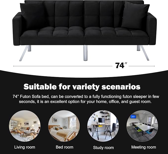 78 Modern Sofa Bed FutonConvertible Sleeper Bed Couch with 4 Reclining BackrestComfy Velvet Cloud Sofa Loveseat for Living Room Bedroom Office (Black)