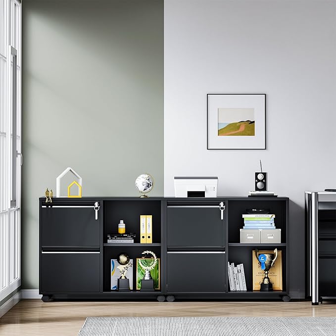 Yizosh 2-Drawer Metal File Cabinet with Lock Mobile Lateral Filing Cabinet Printer Stand with Adjustable Storage Shelves for Home Office (Black)