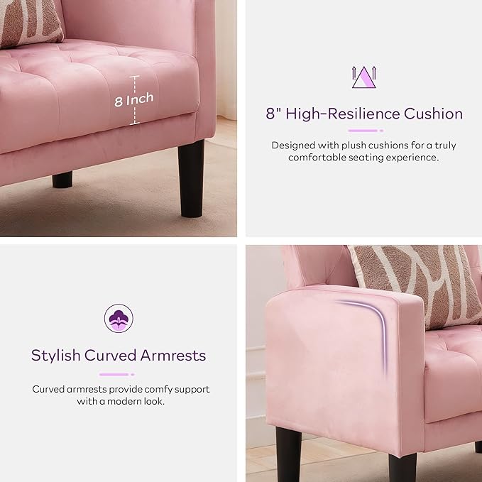 TYBOATLE Mid-Century Fabric Tufted Accent Living Room Armchairs Comfy Modern Upholstered Bedroom Office Armchair Single Sofa Reading Lounging Side Lounge Chair Living Room Furniture (Pink)