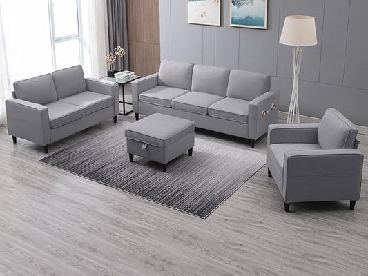 CECER 4 Piece Living Room Sectional Sofa Set with Ottoman and Side Pockets Modern Linen 6 Seaters Couch Set 3-Seater Sofa &amp Love seat &amp Armchair Set for Living Room/Office/Apartment - Light