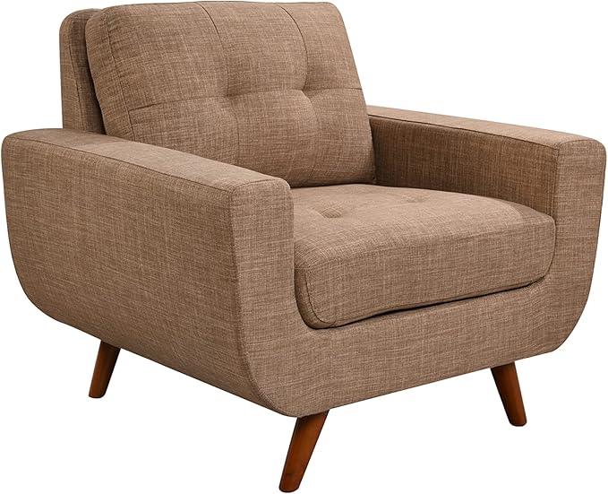 41”Linen Fabric Accent Chair Mid Century Modern Armchair for Living Room Bedroom Button Tufted Upholstered Comfy Reading Accent Sofa ChairsLight Brown