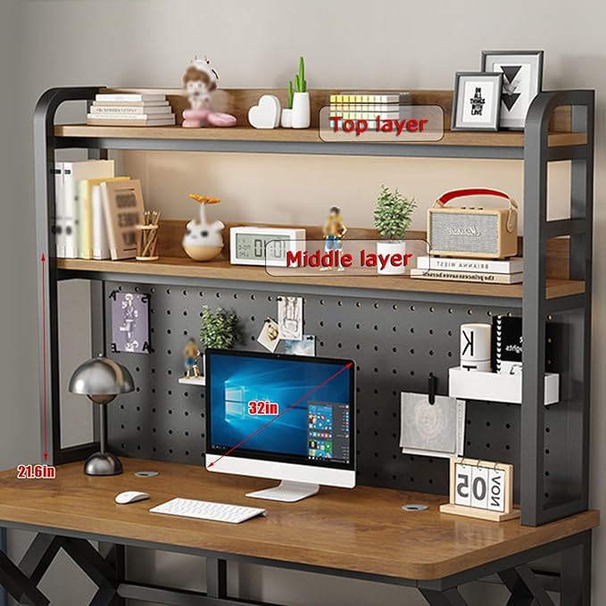 31.4in Gaming Desk with Bookshelf Combo Computer Desk with Pegboard Large Writing Table with Desktop Shelves Ample Leg Room for Home Office (Black 31.4in)