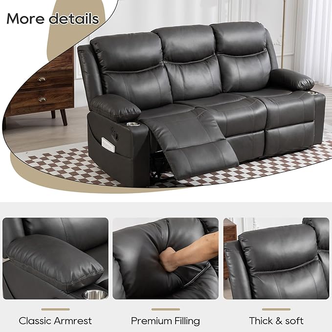 Manual Reclining Sofa - 3 Seat Recliner Sofa with Heat &amp Massage Function Wall-Hugger Reclining Sofa for Living Room (Grey)
