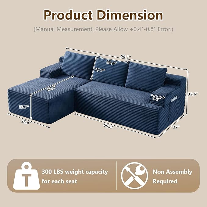 96.1 Modular Sectional Sofa Couches L-Shape Couch 3 Seat Modular Sofa Corduroy Memory Foam Sectional Boneless Couches for Living Room Cloud Couch with Oversized Chaise(Blue Left Facing)