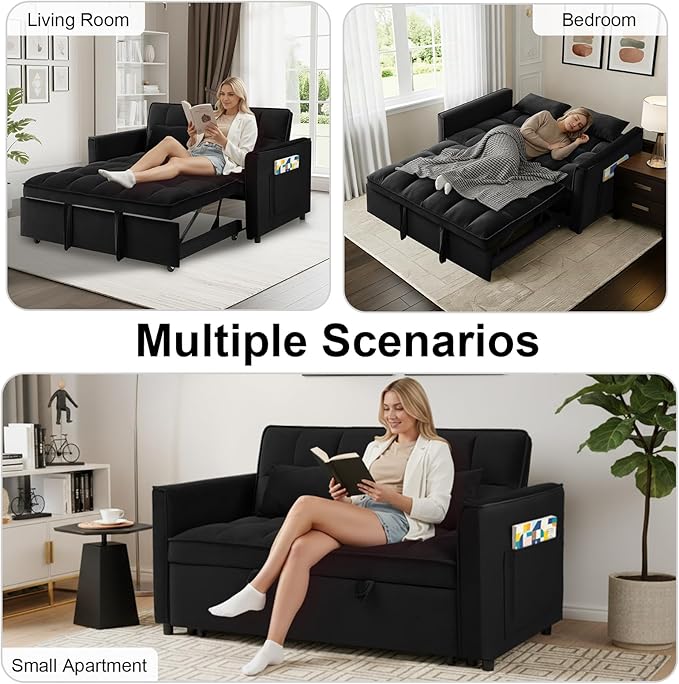 3 in 1 Convertible Sofa Bed Pull Out Couch with Adjustable Backrest Velvet Sleeper Sofa Loveseat with Pillows and Side Pockets for Living Room Bedroom Apartment Black