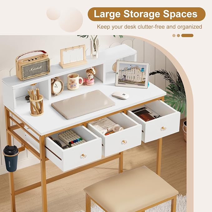 32 Small PC Desk with PU Leather Stool Vanity Dressing Table with 3 Open Shelves and Drawers Work Writing Desks for Corner Bedroom Home Office White/Gold