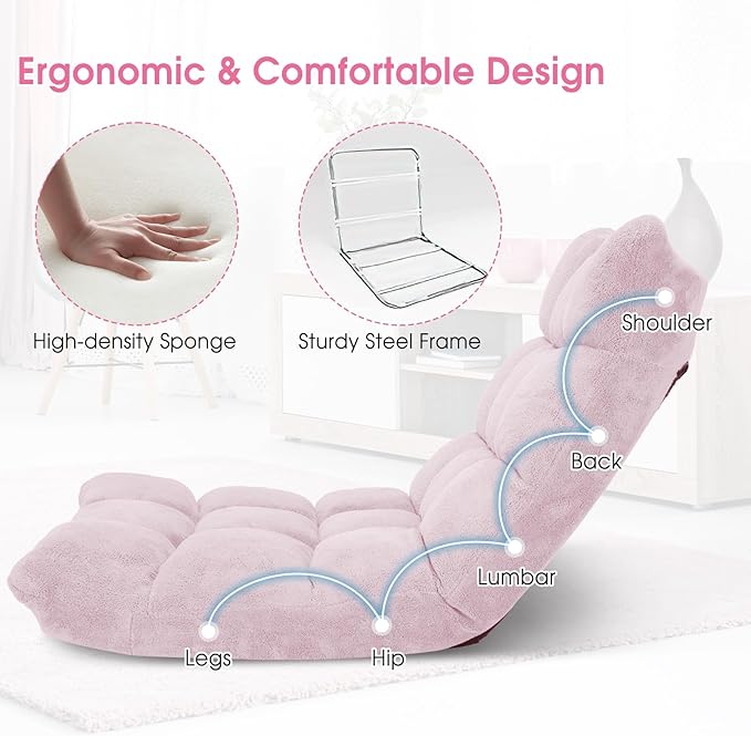 Giantex Floor Chair with Back Support 14 Adjustable Position Padded Sleeper Bed Couch Recliner Gaming Floor Chairs for Meditation Adults Living Room Gaming Chair Floor Light Pink