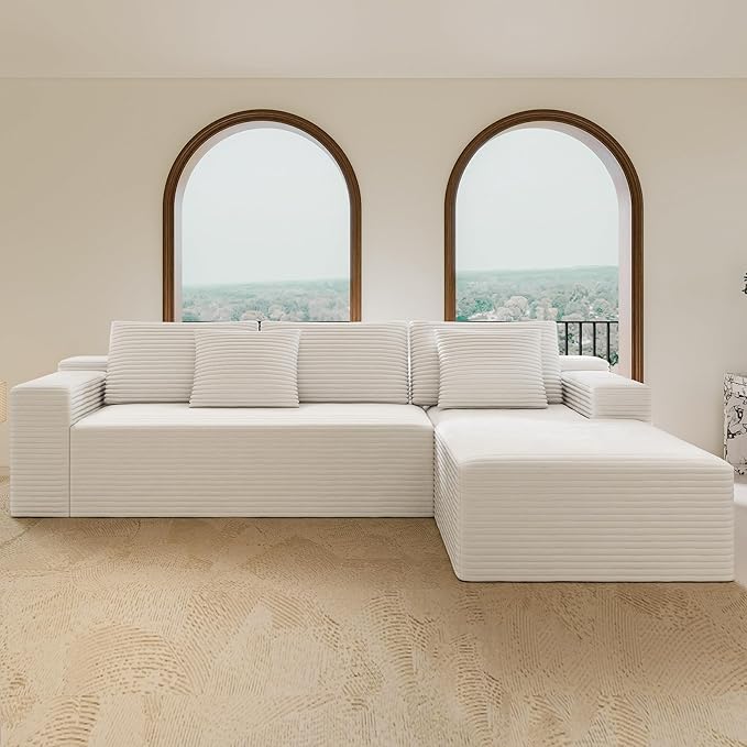White sectional couches for Living Room Corduroy Couch104 Cloud Sectional Couch with L-Shape Chaise Modern Modular Sofa Deep Seat Comfort No Assembly Required(Plush Corduroy Fabric)