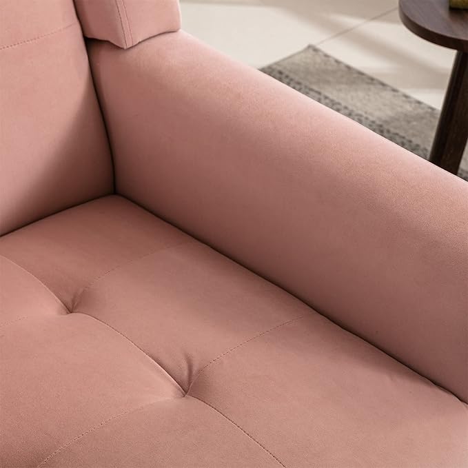 SSLine Velvet Accent Arm ChairMid-Century Modern Upholstered Wingback Single Sofa Armchair Club Chair with Solid Wood Legs Thick Cushion for BedroomReadingLiving Room Chair (Pink)