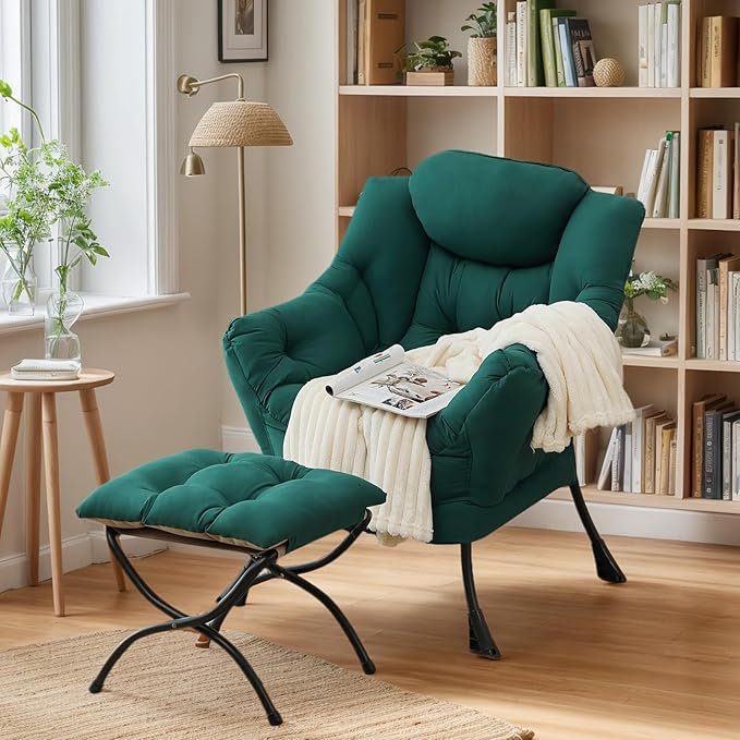 Lazy Chair with Ottoman Large Dark Green Accent Chair with Ottoman Comfy Reading Armchair Leisure Sofa Chair for Living Room Bedroom Dorm Room Office