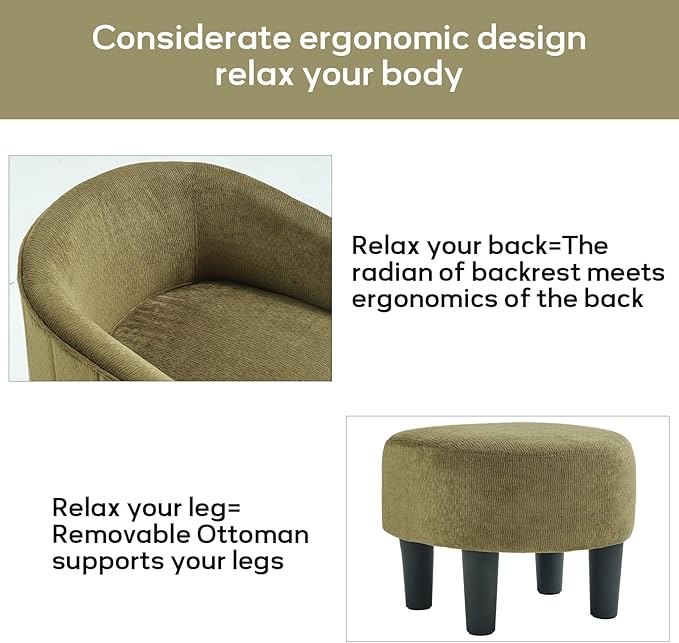 CANMOV Swivel Accent Chair for Multi-Scene Use 360 Degree Club Chair with Ottoman Set Comfy Fabric Barrel Reading Chairs with Simple Line Design for Living Room Bedroom Round Reading Chair Green