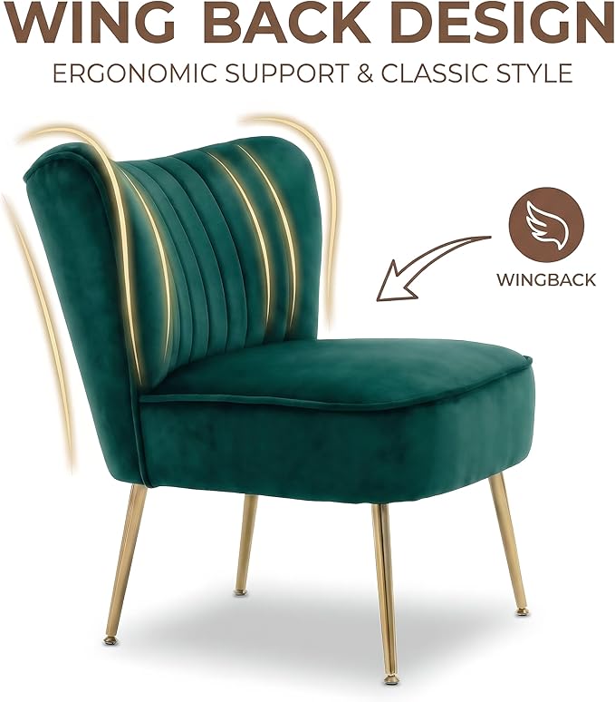 DUOMAY Modern Accent Chair Set of 2 Velvet Slipper Chair with Gold Legs Wingback Side Chair for Living Room Bedroom Entryway Small Corner Chair for Space Saving Green